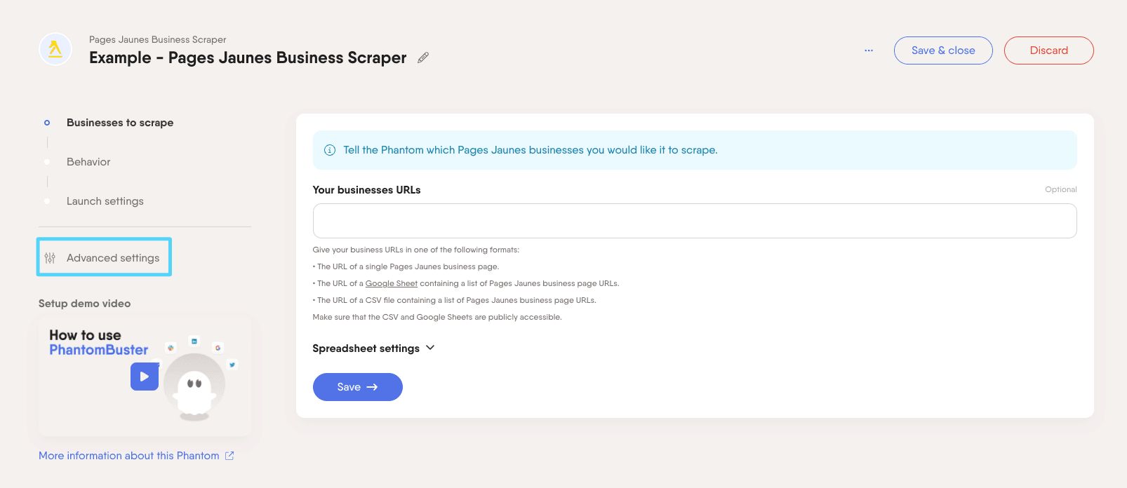 ex phantom Pages Jaunes Business Scraper adv settings