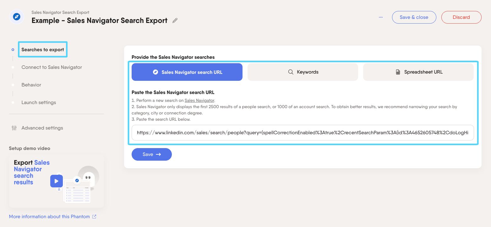 cb spec phantom SNSE searches to export step