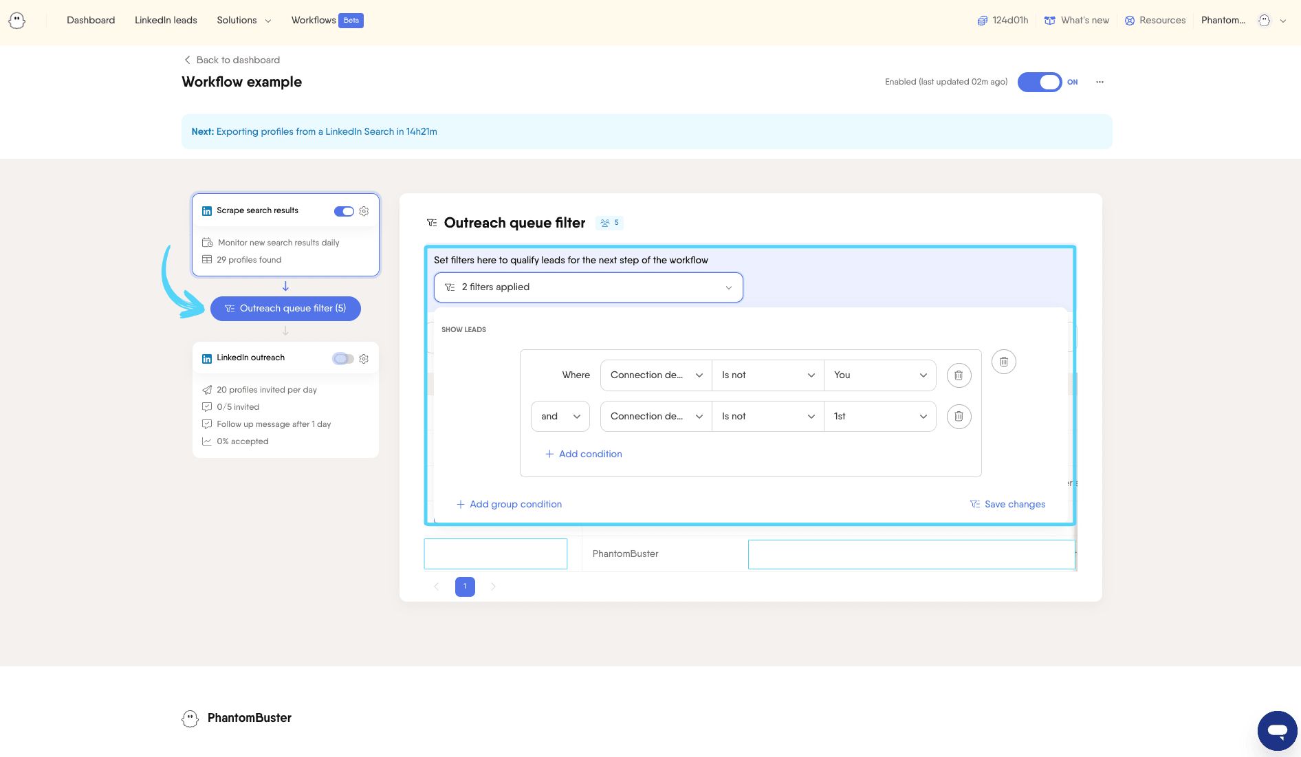 workflow outreach queue filter