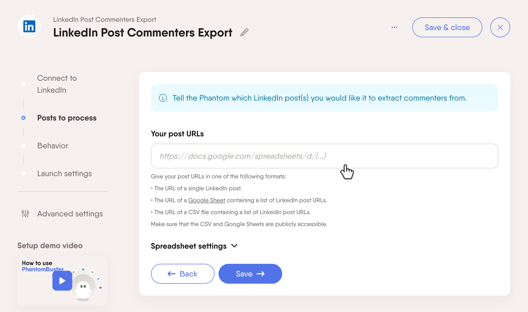 linkedin post commenter export phantom