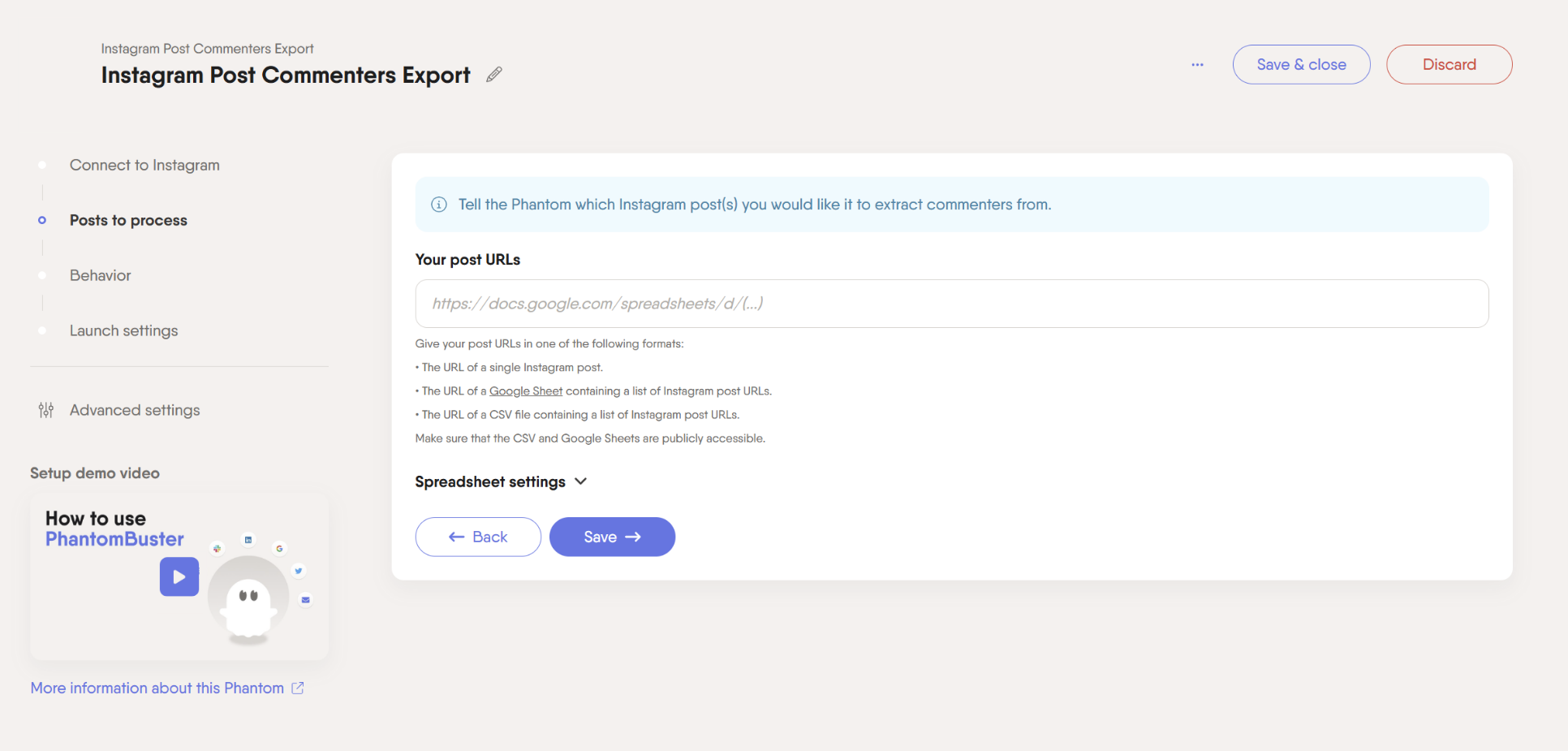 instagram post commenters export phantom url