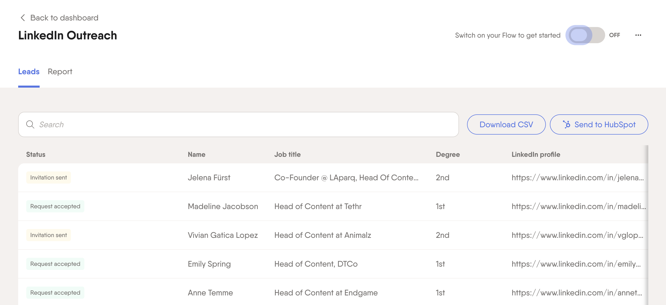linkedin outreach export hubspot flow phantom