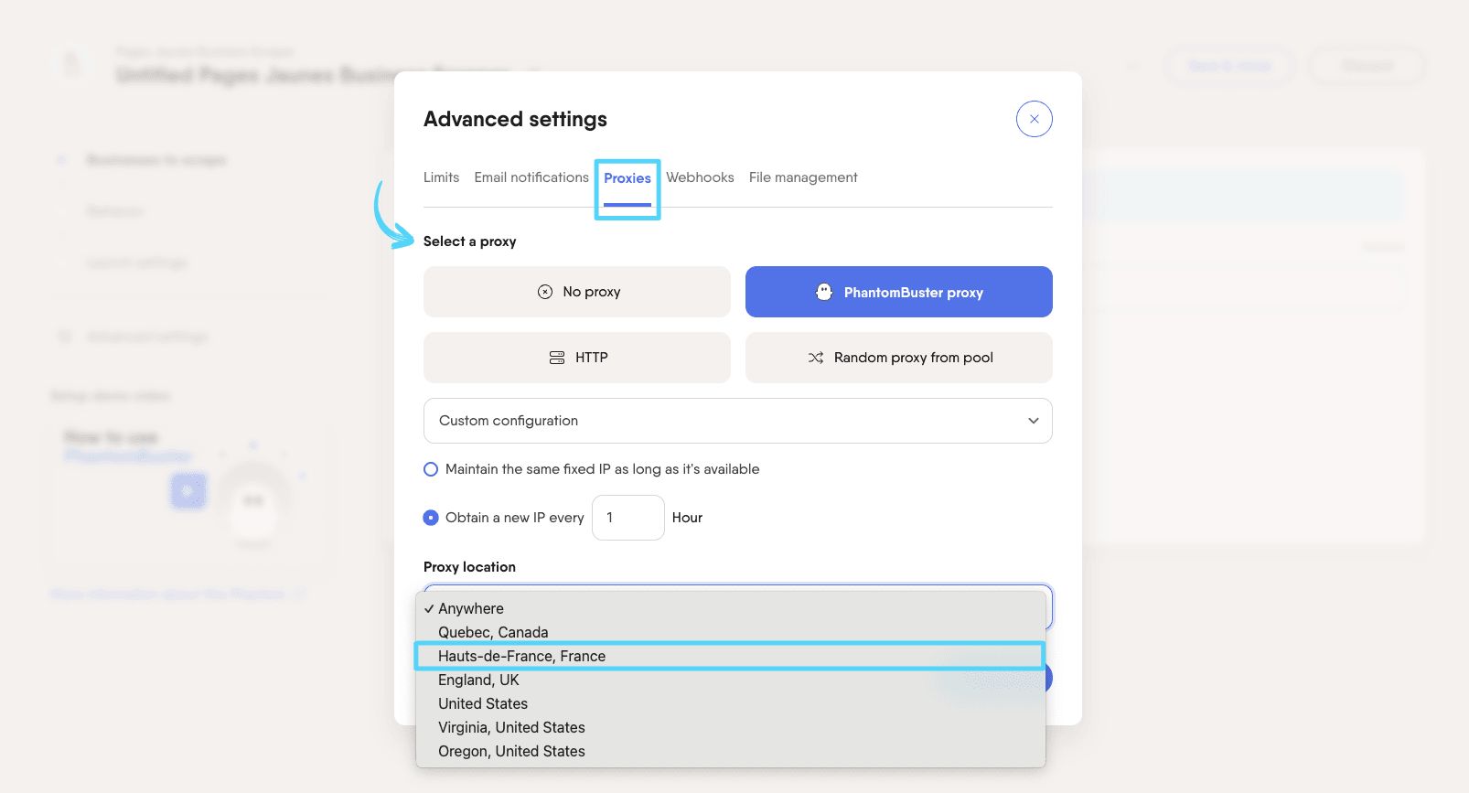 ex phantom Pages Jaunes Business Scraper proxies tab