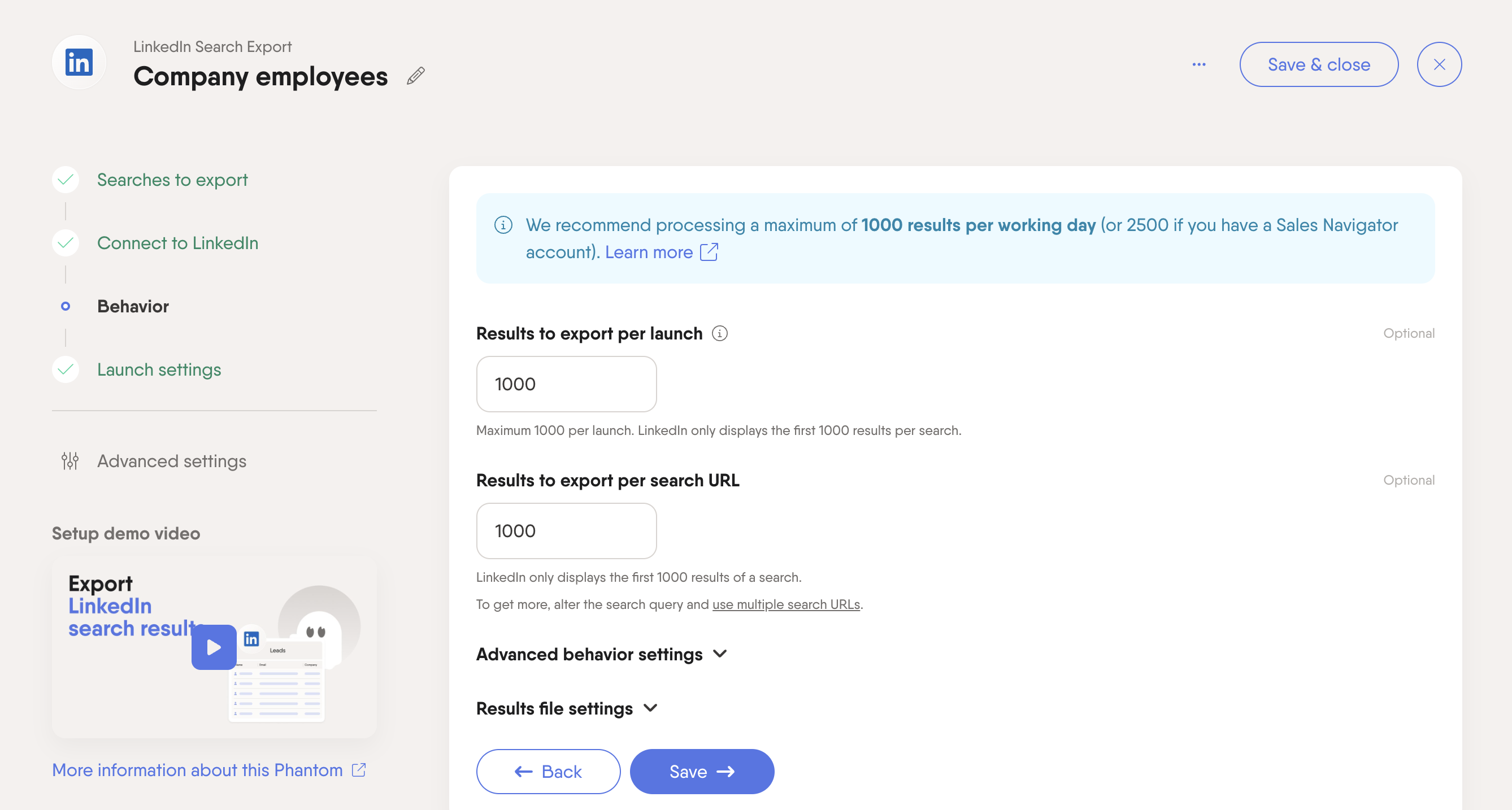 linkedin search export phantom limits behavior