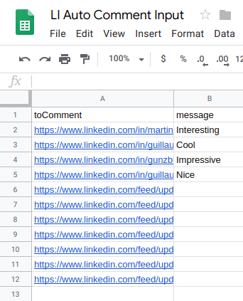 LinkedIn comments list