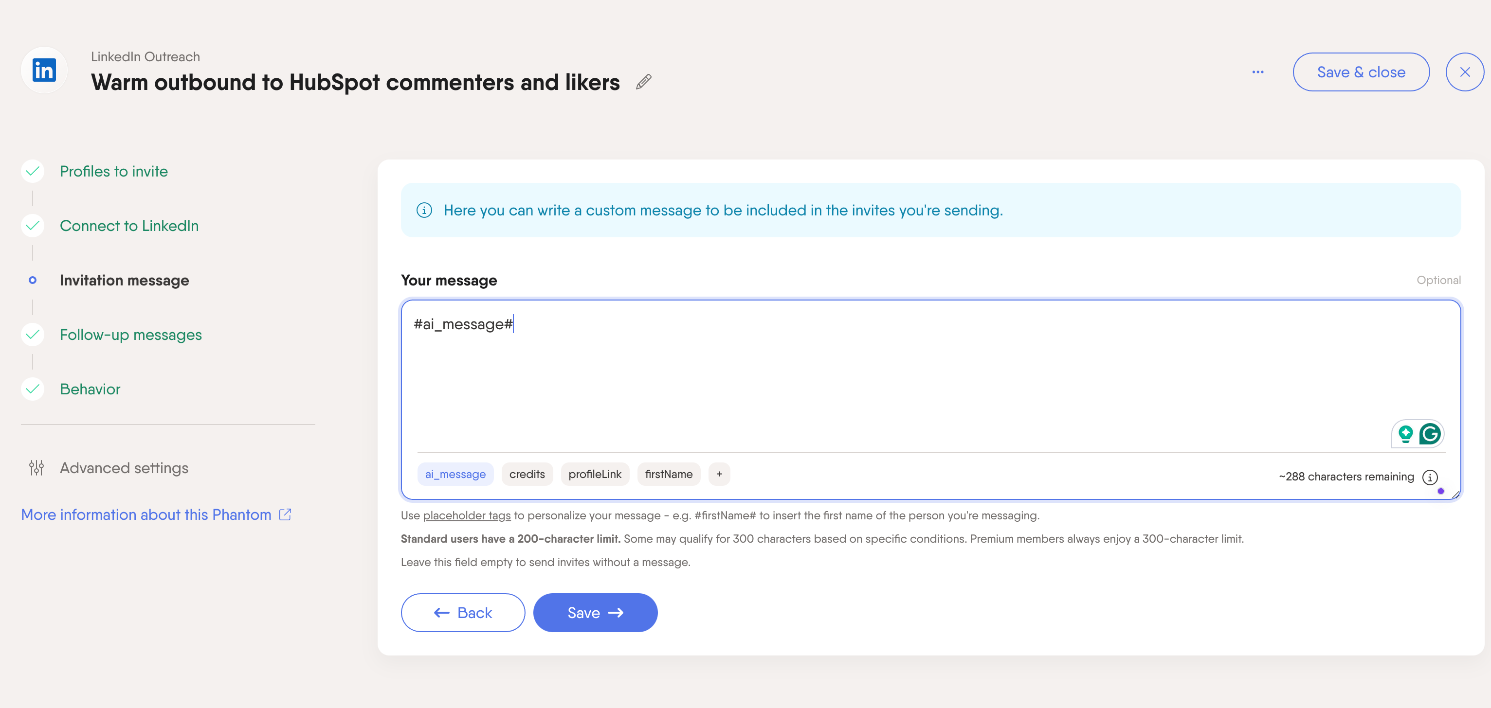 warm outbound hubspot commenters likers ai message placeholder
