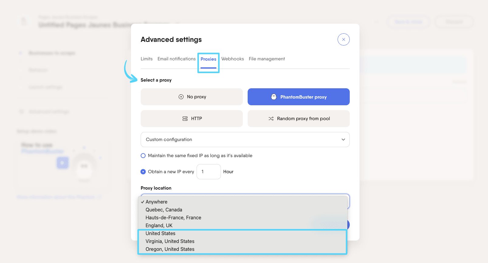 ex phantom Yellow Pages Business Scraper proxies tab