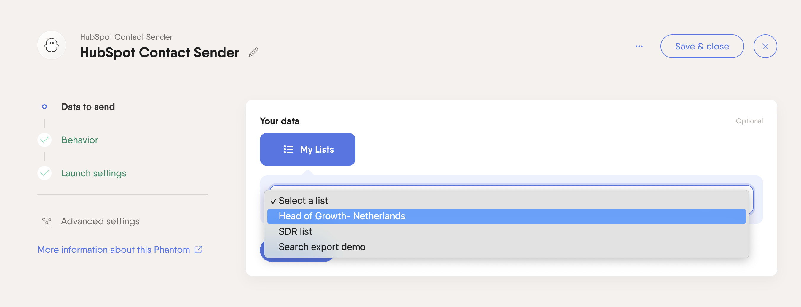 hubspot contact sender phantom select list