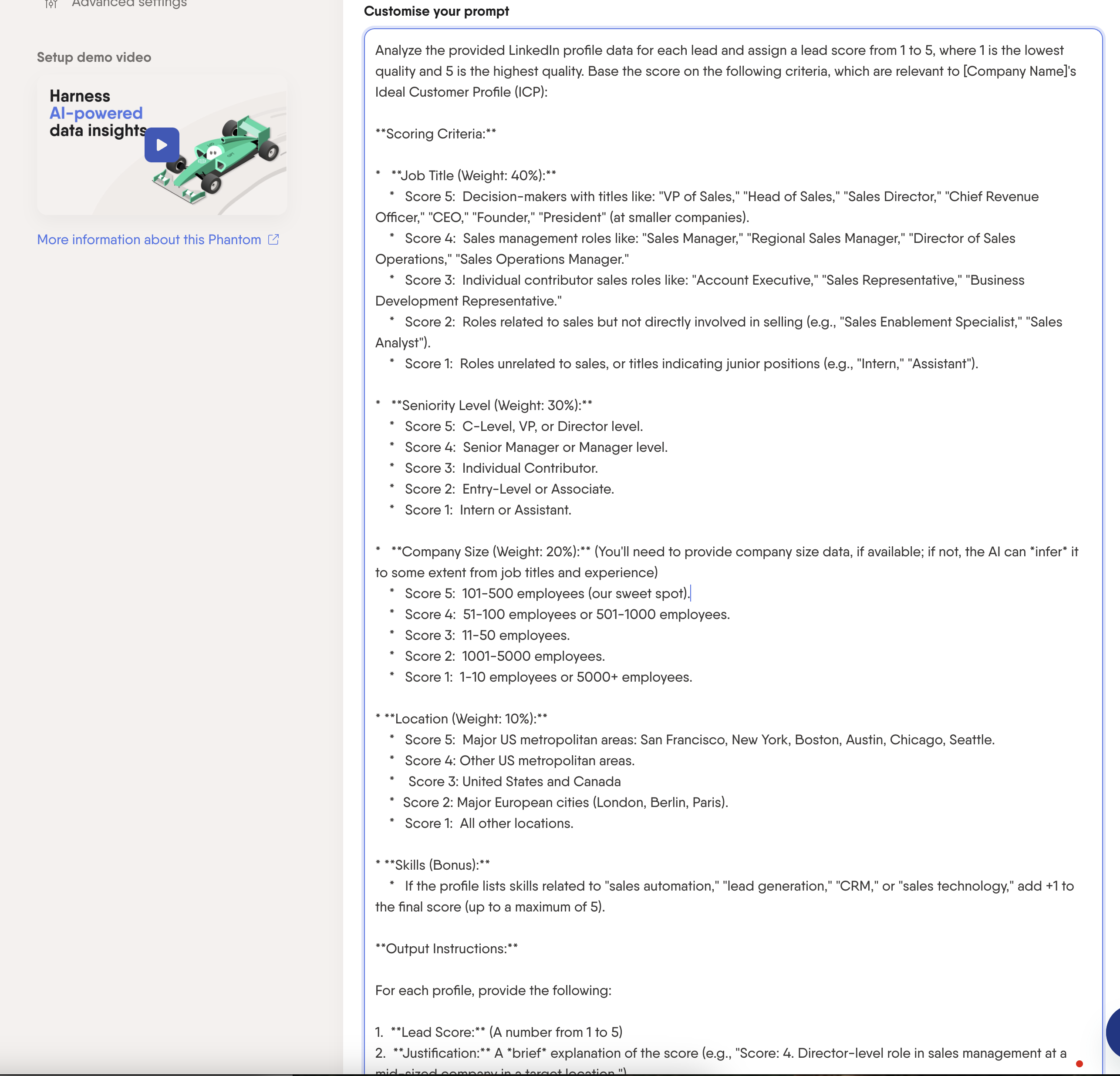 ai prompt lead scoring ai linkedin profile enricher phantombuster