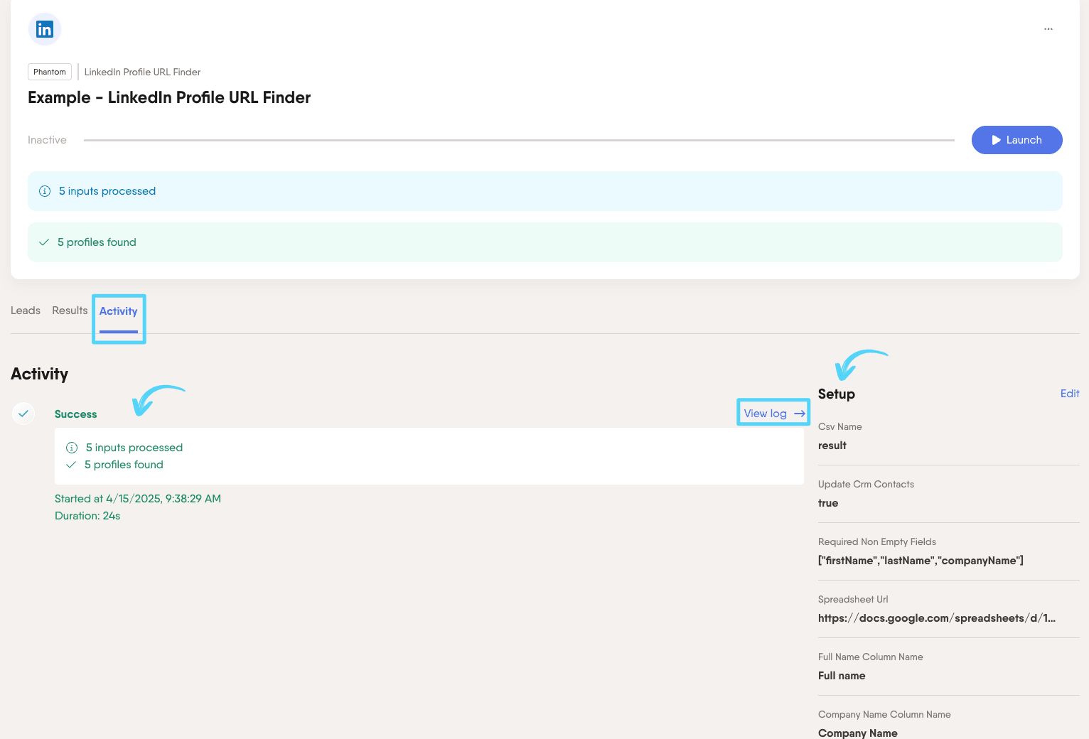 results LPUF activity tab