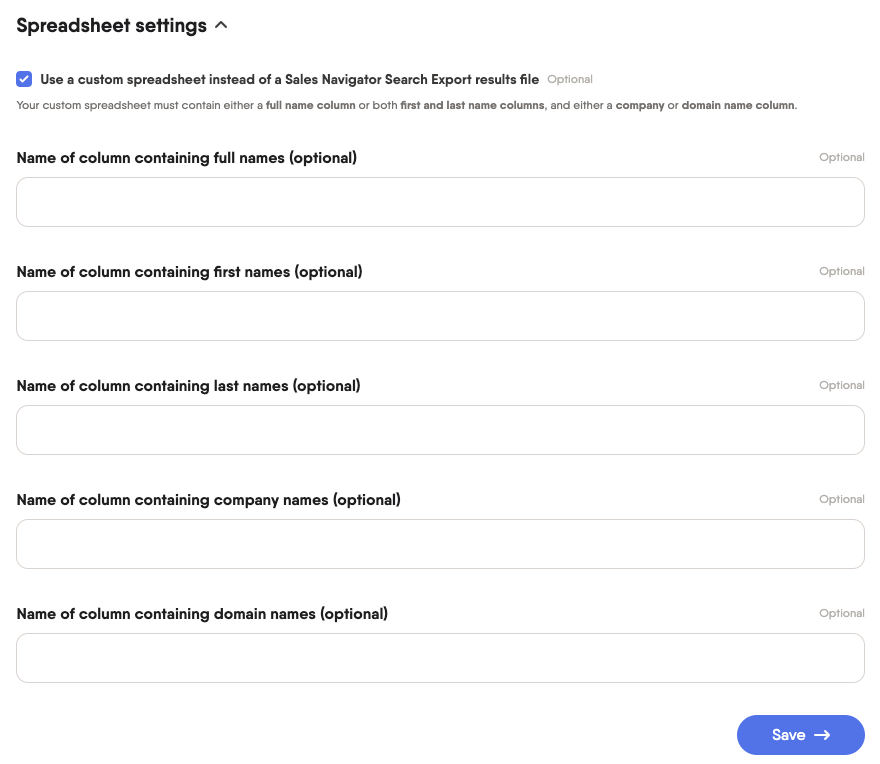 spreadsheet settings