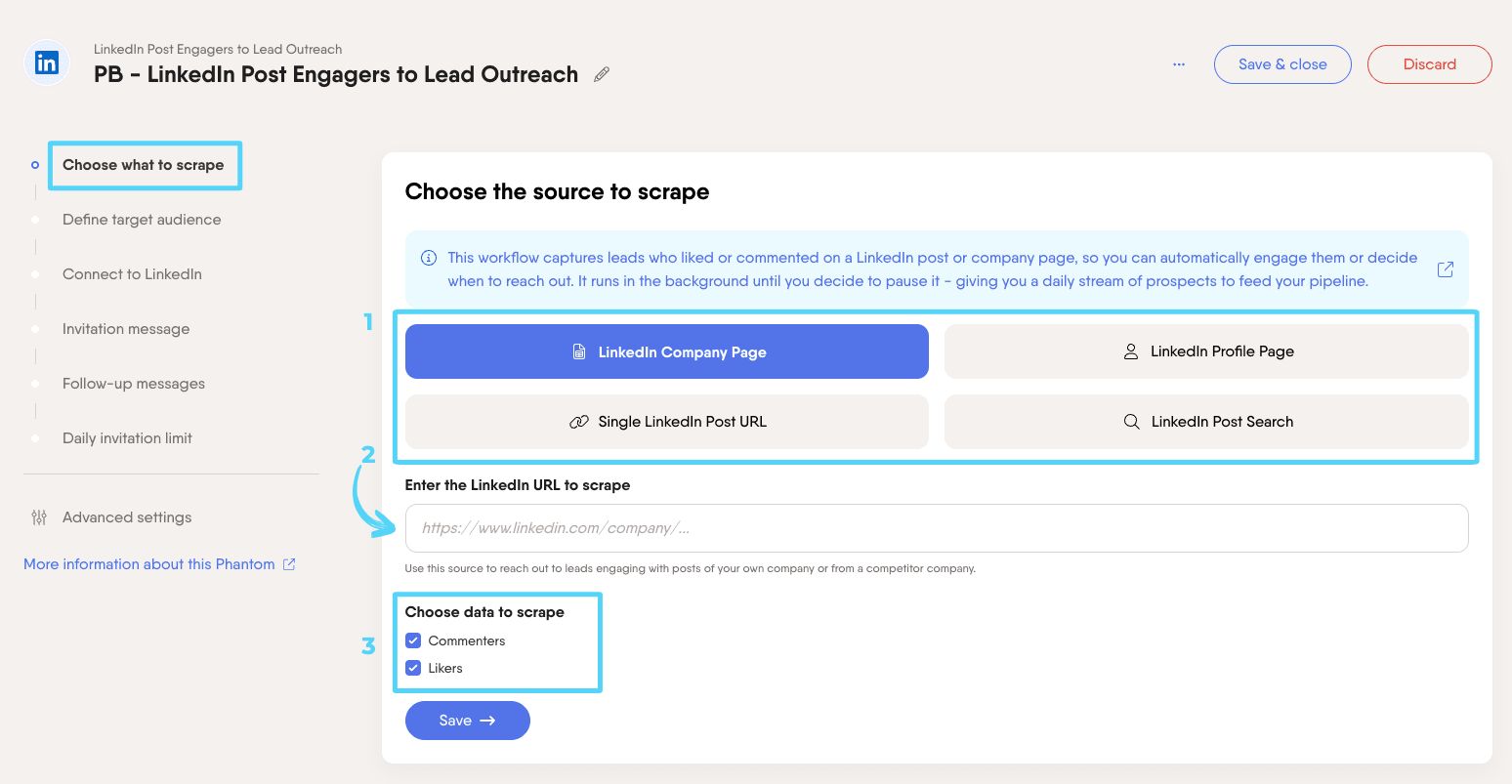 post engagers to lead out wkfl step what to scrape