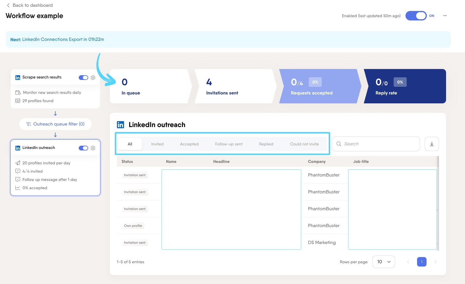 workflow set up outreach results and data_