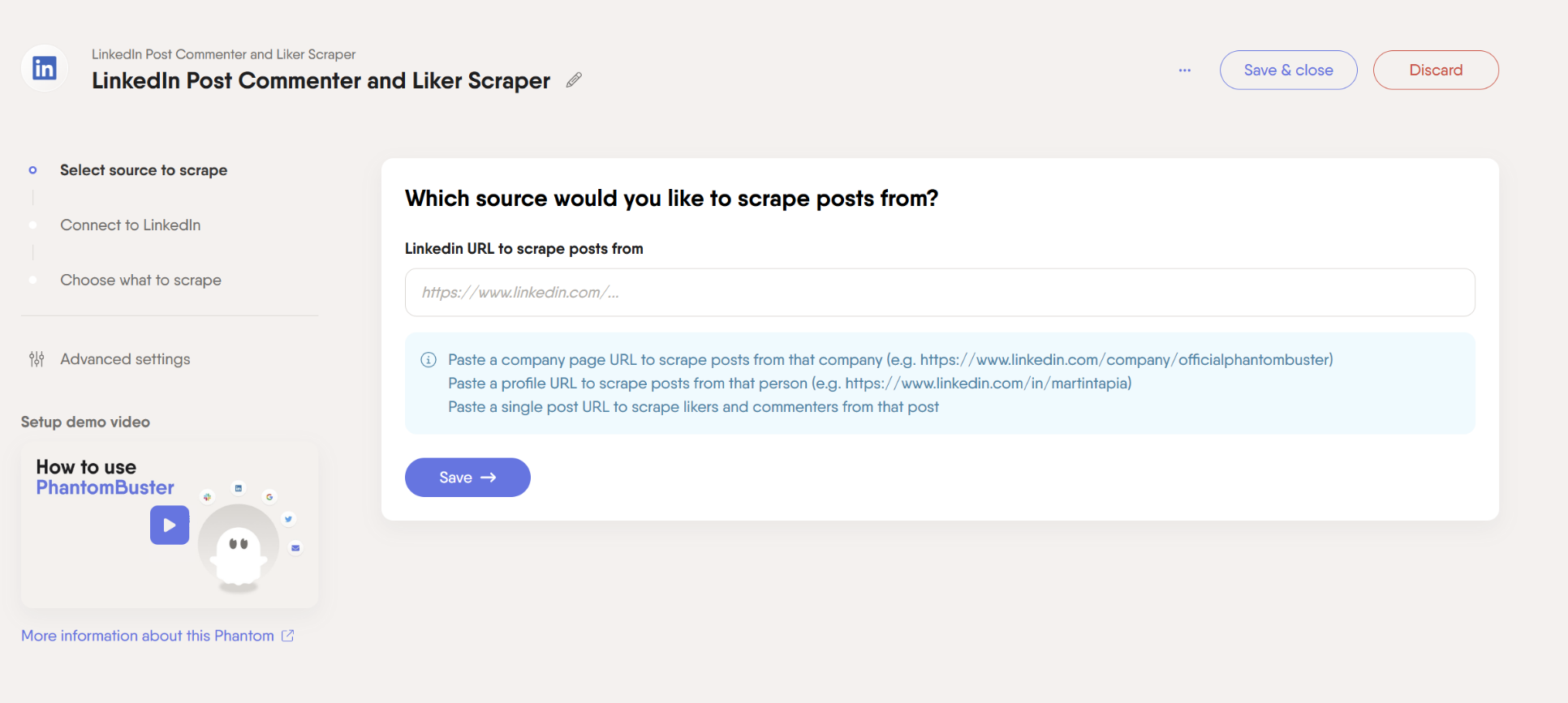 linkedin post commenter and liker scraper phantom url
