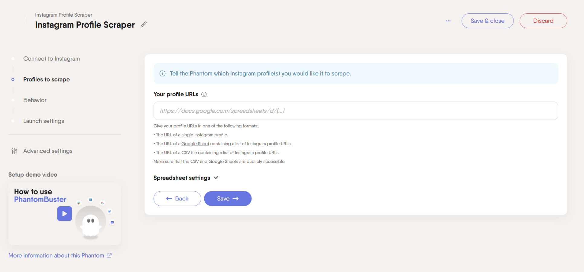 instagram profile scraper phantom url