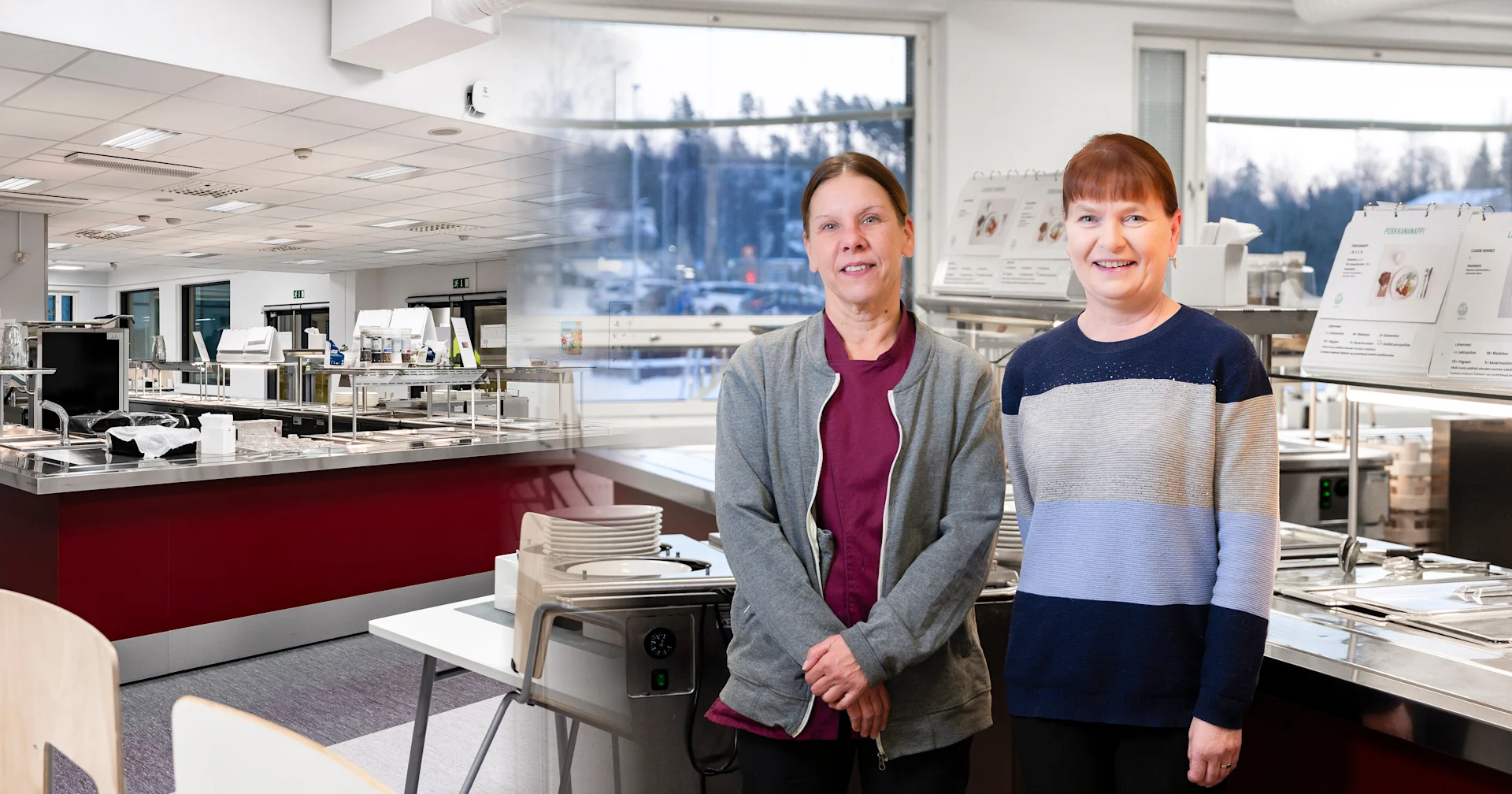 Vihdin Pohjoinen aluekeittiö uudistui täysin. Kuvassa ruokapalvelutyönjohtaja Niina Reunanen ja ruokapalvelupäällikkö Satu Rautamäki. Kuva: Juuso Jatkola