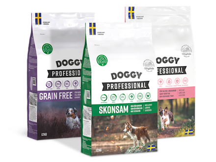 Tre påsar med Doggy hundmat - Lila förpackning, Grön förpackning, Rosa förpackning