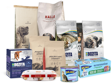 svensk hundmat och kattmat, olika förpackningar blötfoder och torrfoder