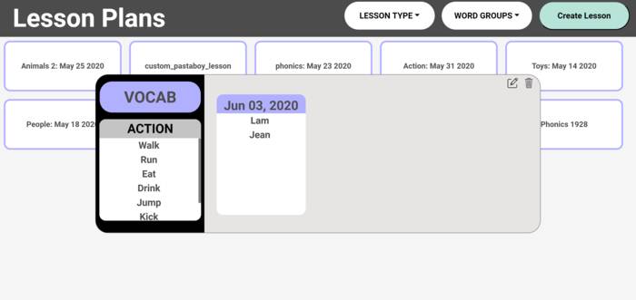 Screenshot of the live app, with a list of vocab words a student will learn in a given lesson