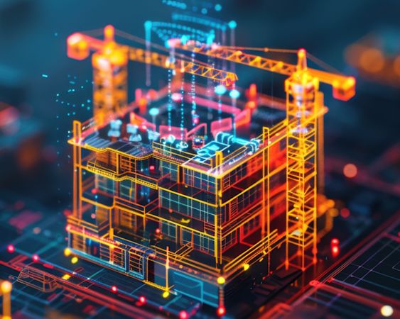 Gebäude und Kräne aus leichtenden Linien in orange, pink und blau.