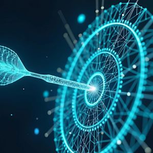 Diana con un dardo en el centro formado por líneas azules brillantes sobre fondo negro.