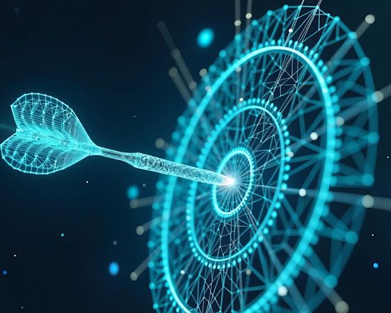 Diana con un dardo en el centro formado por líneas azules brillantes sobre fondo negro.