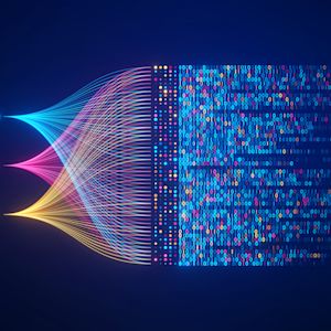 Blue, pink and yellow lines and dots on dark background