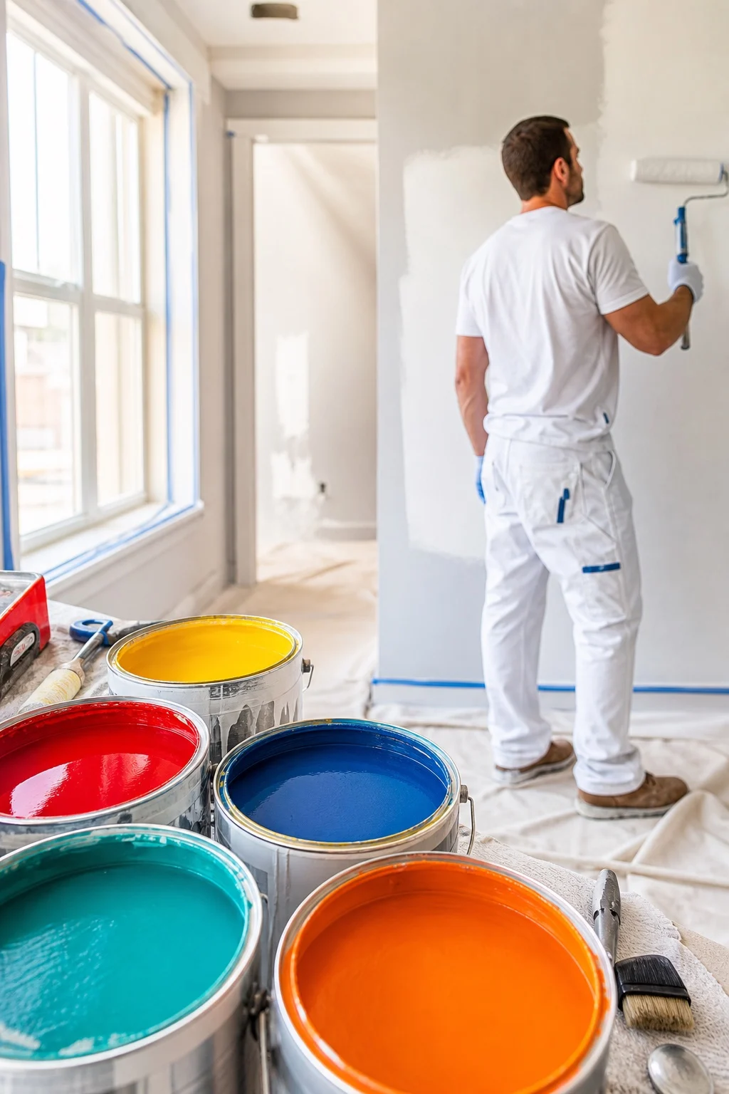 Colorful paint cans at a professional painting worksite