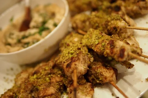 Chicken Skewers - marinated with Lemon & Za'atar covered in pistachio dust