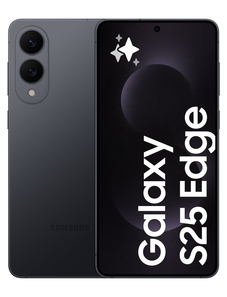 Galaxy S25 Edge i färgen Titanium Jetblack, framsida och baksida