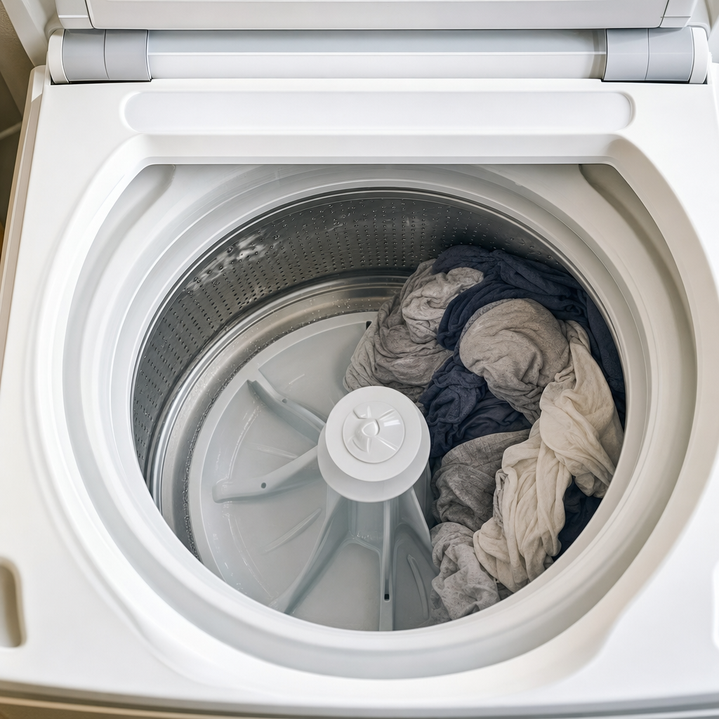 Top-down view of unbalanced laundry load bunched inside stainless steel washing machine drum with lid open