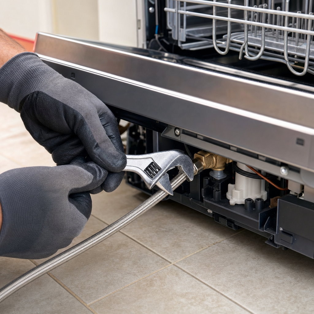 Gloved hands using adjustable wrench to connect braided stainless steel water supply line to dishwasher inlet valve