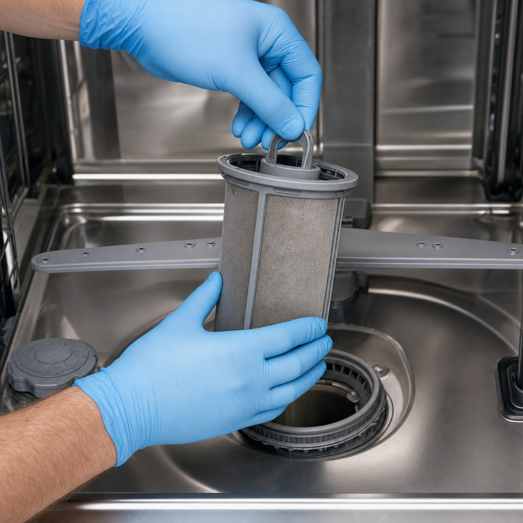 Gloved hands removing cylindrical mesh filter from dishwasher tub for cleaning maintenance with spray arm visible