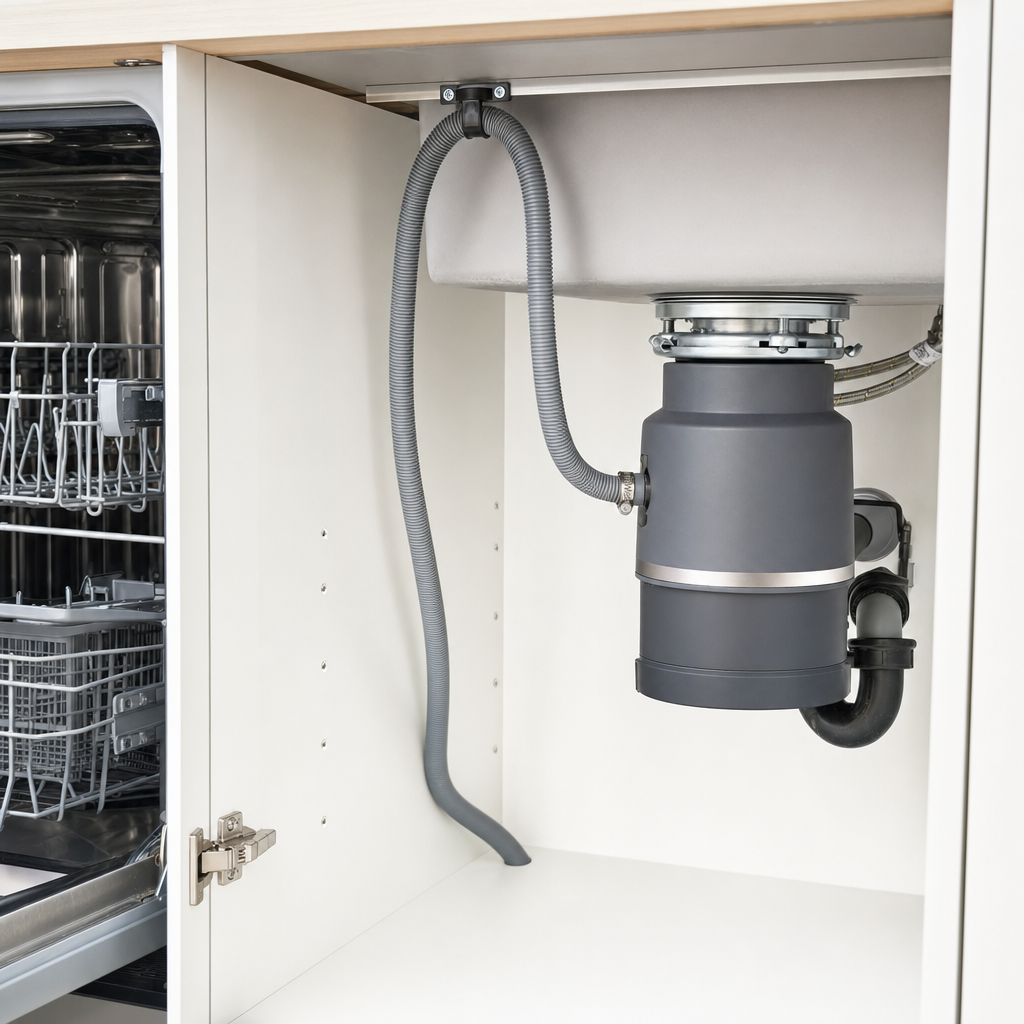 Under-sink view of corrugated dishwasher drain hose with high loop connected to garbage disposal in white cabinet