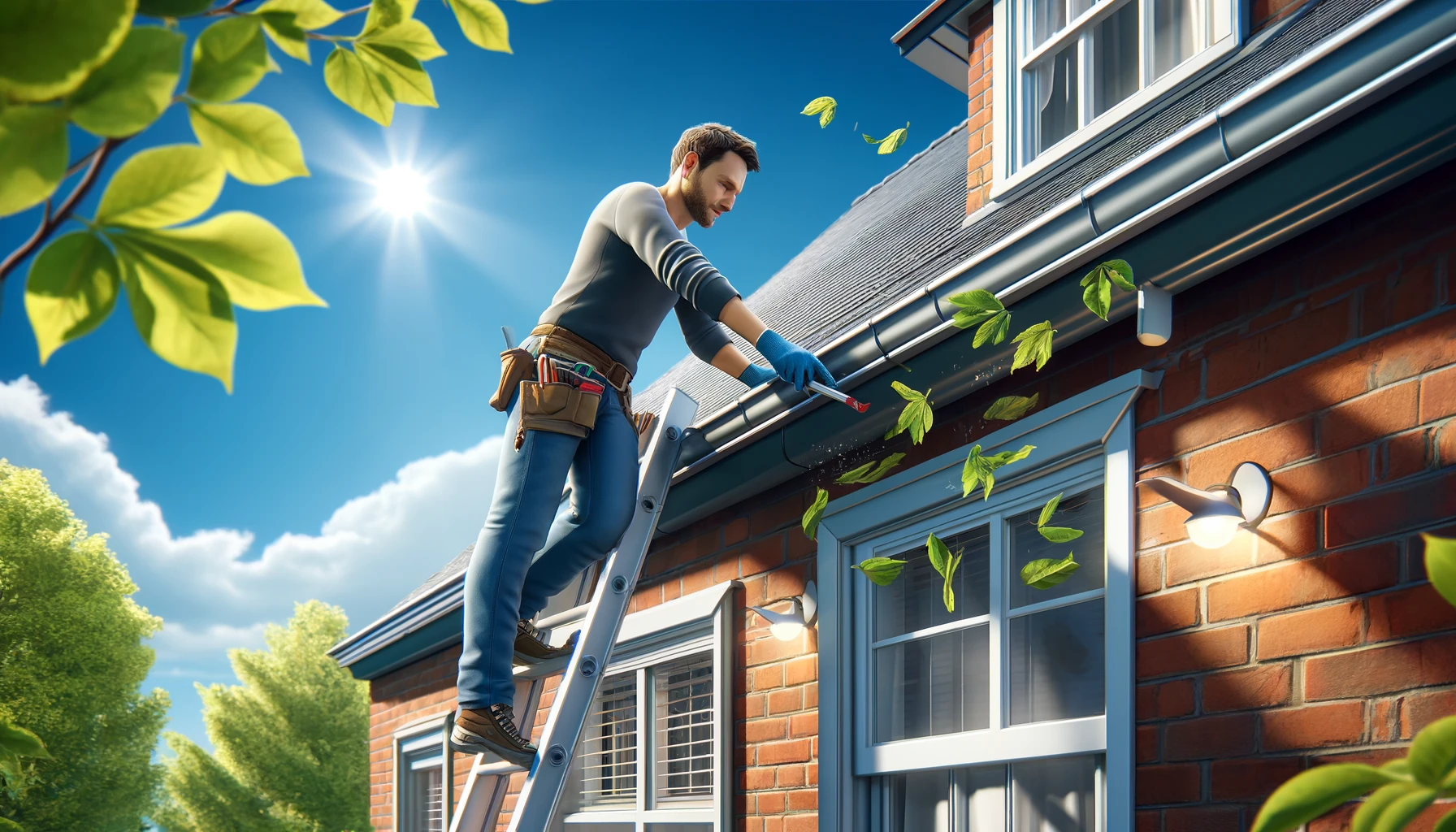 Cleaning gutters on your house during spring image