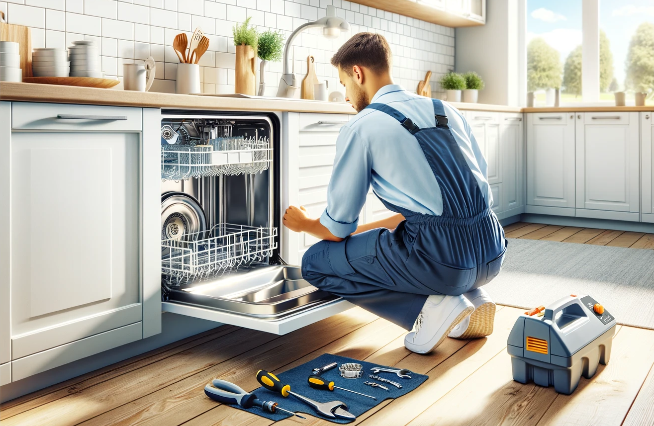 Technician maintaining a dishwasher