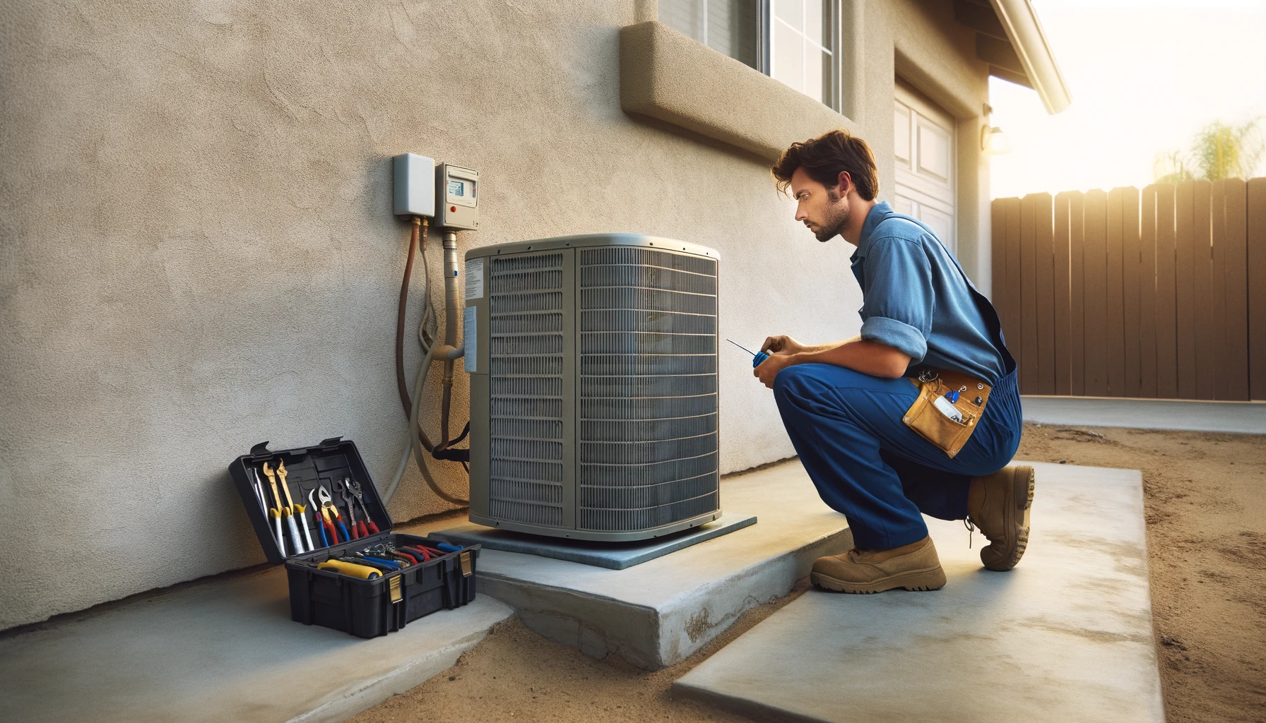 Service technician repairing and maintaining the HVAC system