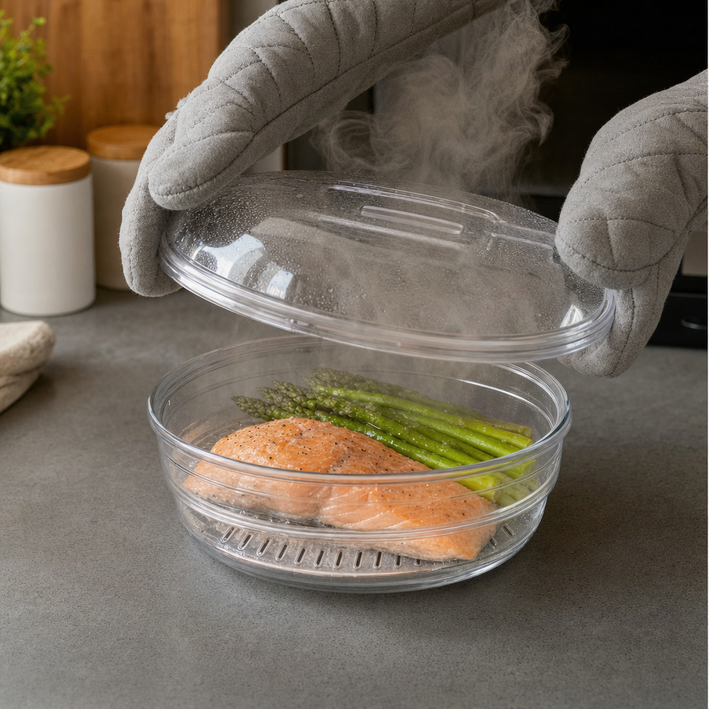 Hands in gray oven mitts lifting steamy lid off clear microwave steamer with cooked salmon and asparagus inside