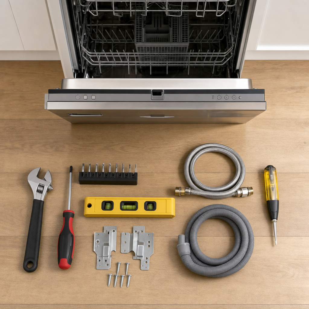 Dishwasher installation tools flat lay with wrench, screwdrivers, level, water line, drain hose, and mounting brackets
