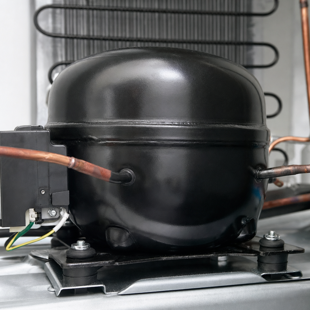 Black hermetic freezer compressor mounted on rubber grommets with copper refrigerant lines and condenser coils in upright freezer