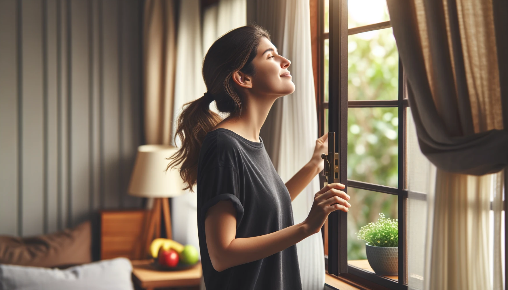 Woman opening a window to air out the house