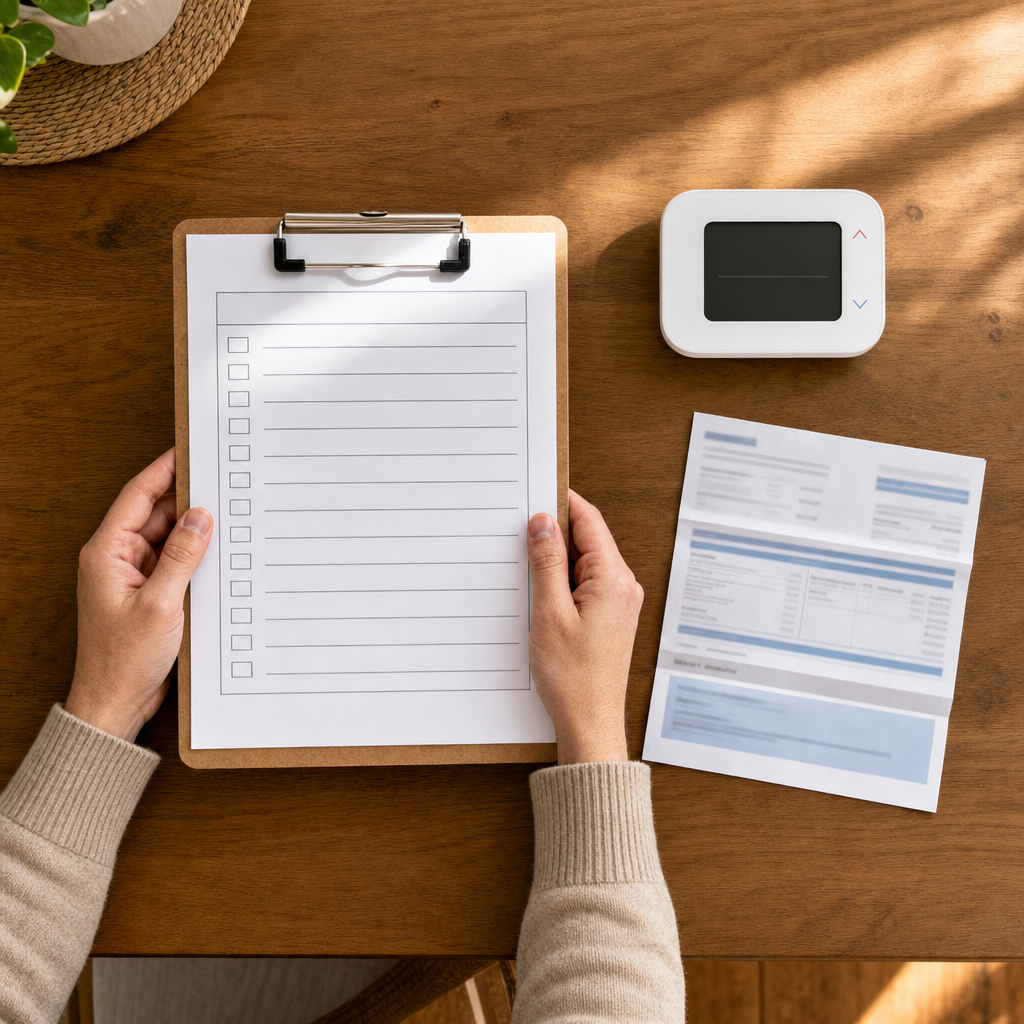 Homeowner holding furnace inspection checklist clipboard beside digital thermostat and utility bill on wooden table