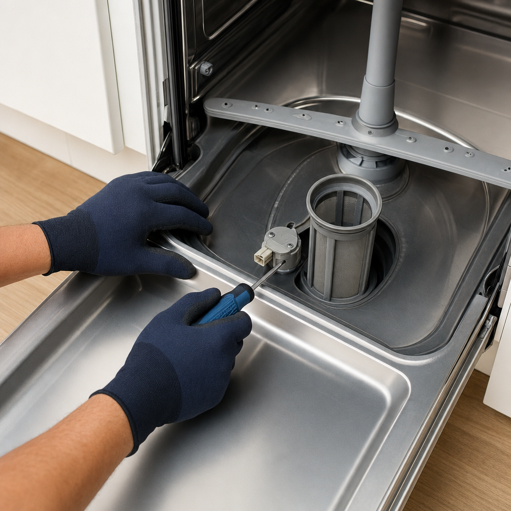 Technician in navy gloves using screwdriver to inspect dishwasher filter and components during appliance repair service