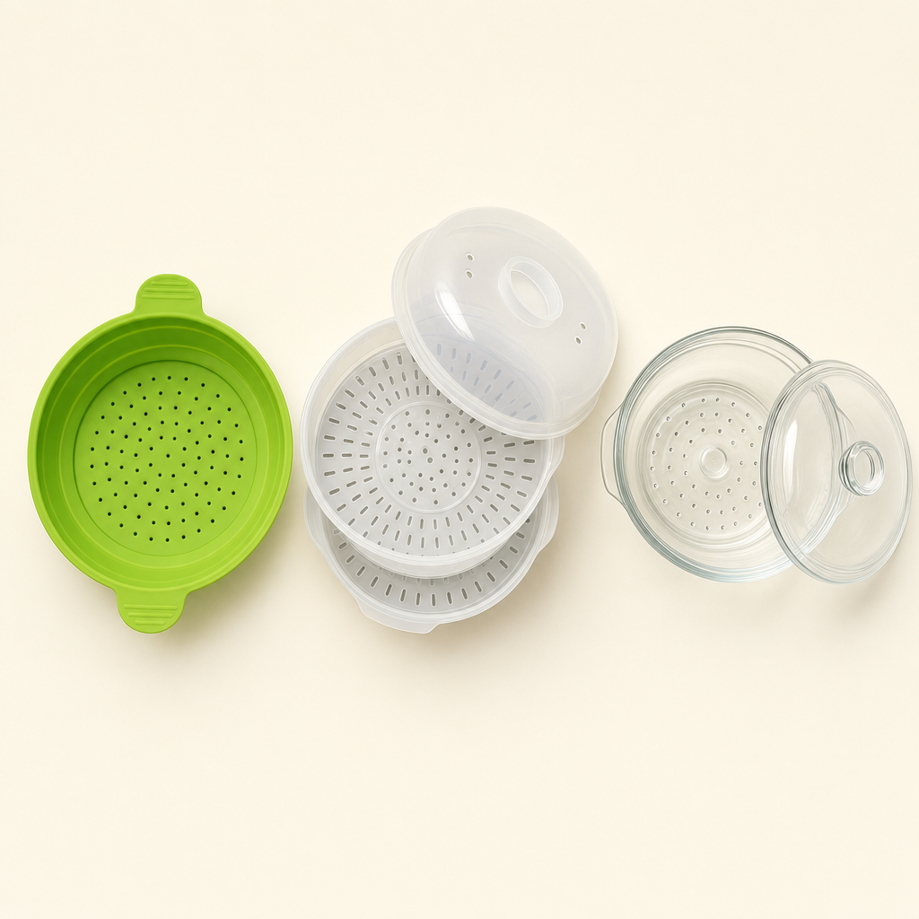 Three microwave steamer types compared: green collapsible silicone steamer, two-tier vented plastic steamer, and clear glass steaming bowl