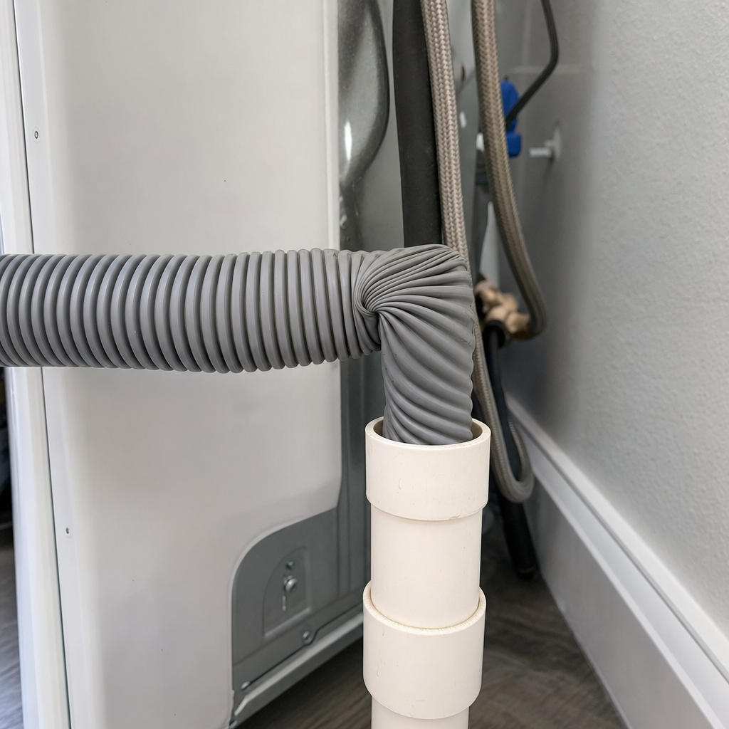 Kinked gray corrugated washing machine drain hose bent sharply into white PVC standpipe behind laundry appliance