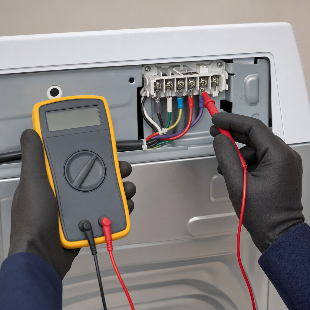 Technician using digital multimeter to test wiring terminals on back panel of washing machine during appliance repair