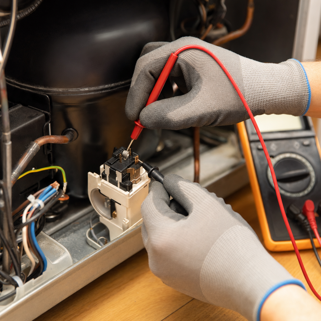 Technician wearing gray gloves testing freezer compressor start relay with red multimeter probe during appliance repair diagnostic