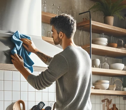 Cleaning a range hood in the kitchen