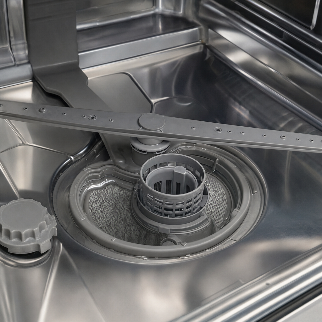 Close-up of stainless steel dishwasher interior showing cylindrical filter, sump area, spray arm, and salt reservoir cap