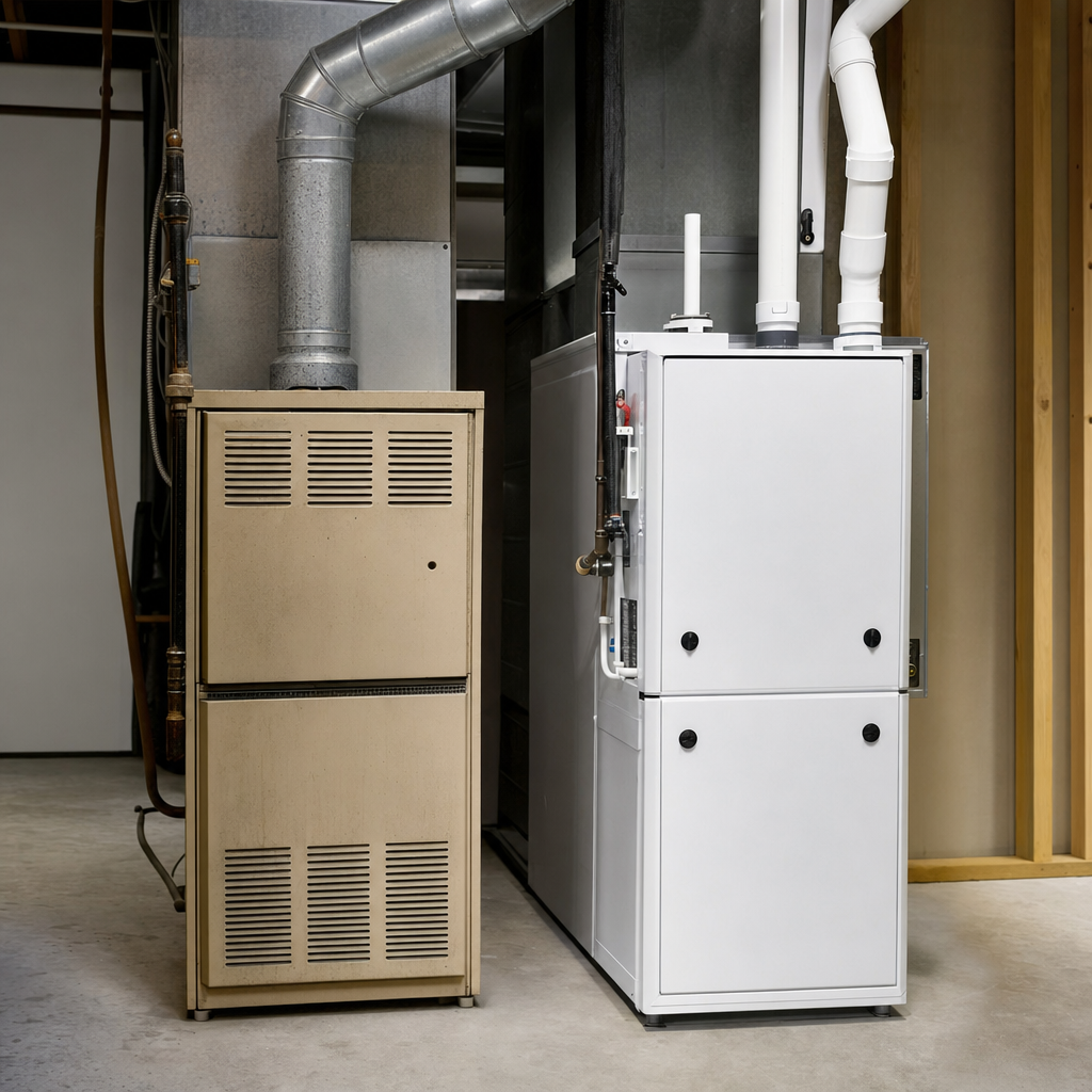 Old beige gas furnace beside new white high-efficiency furnace in basement, showing HVAC system upgrade comparison